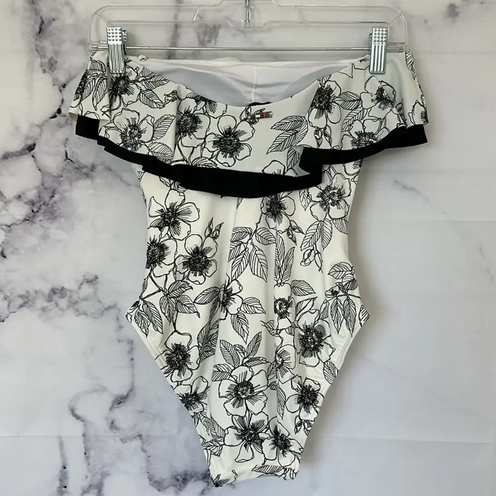TOMMY HILFIGER Blossom White Black Ruffle Neckline One Piece Swimsuit Size 4